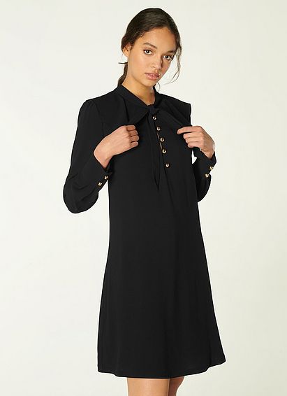 Millie Black Crepe Frill Collar Tunic Dress, Black