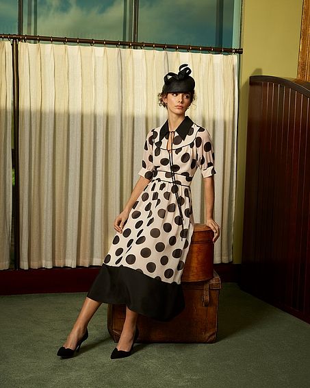 Pierre Monochrome Oversized Spot Print Georgette Dress Cream Black, Cream Black