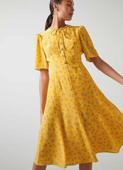 Montana Yellow Naive Floral Print Silk Tea Dress, Yellow