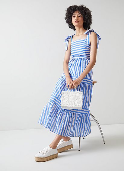 Caprice Blue and Cream Wavy Stripe Cotton-Silk Tiered Dress, Blue