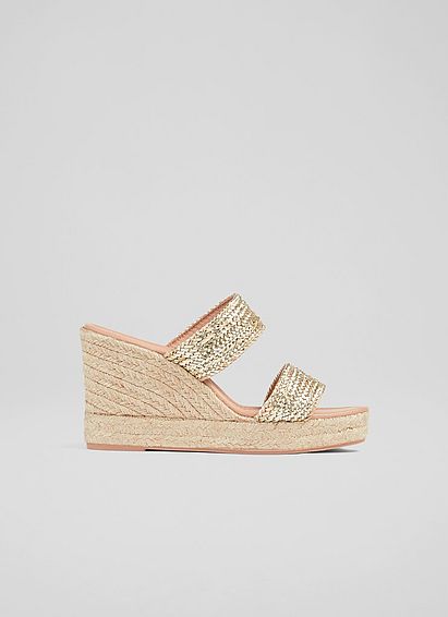 Renlee Gold Leather Woven Wedges, Gold