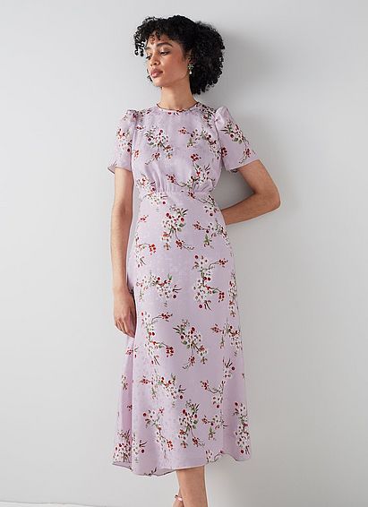 Boyd Lilac and Red Cherry Blossom Print Silk Jacquard Dress Purple, Purple
