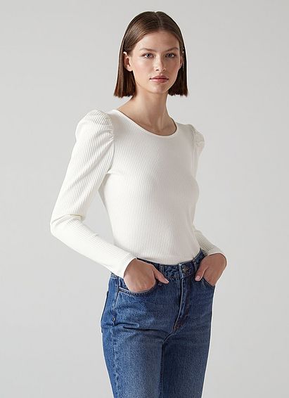 Eleanor Ivory Jersey Ribbed Top, Ivory