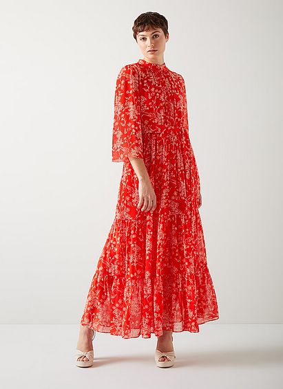 Olivia Red And Cream Silk Georgette Maxi Dress, Red