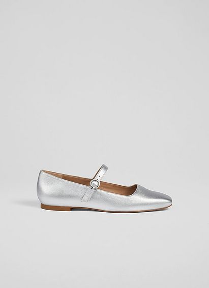 Willow Silver Leather Mary Jane Flats, Silver
