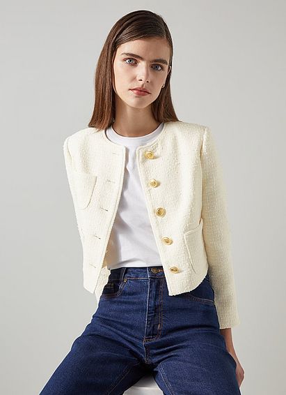 Alexa Cream Recycled Cotton-Blend Italian Tweed Jacket, Cream