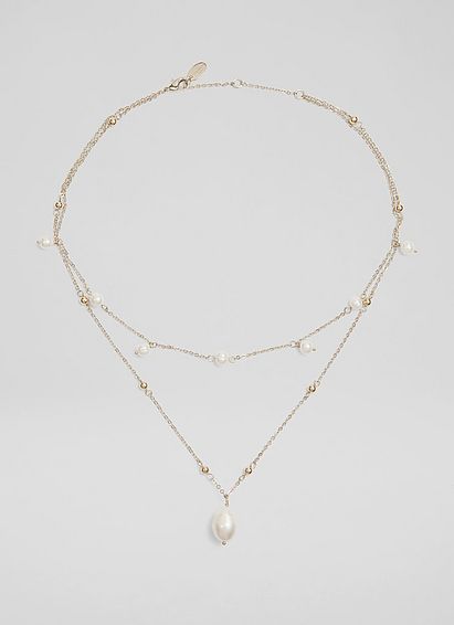 Clara Pearl and Gold Double Chain Necklace Cream Gold, Cream Gold