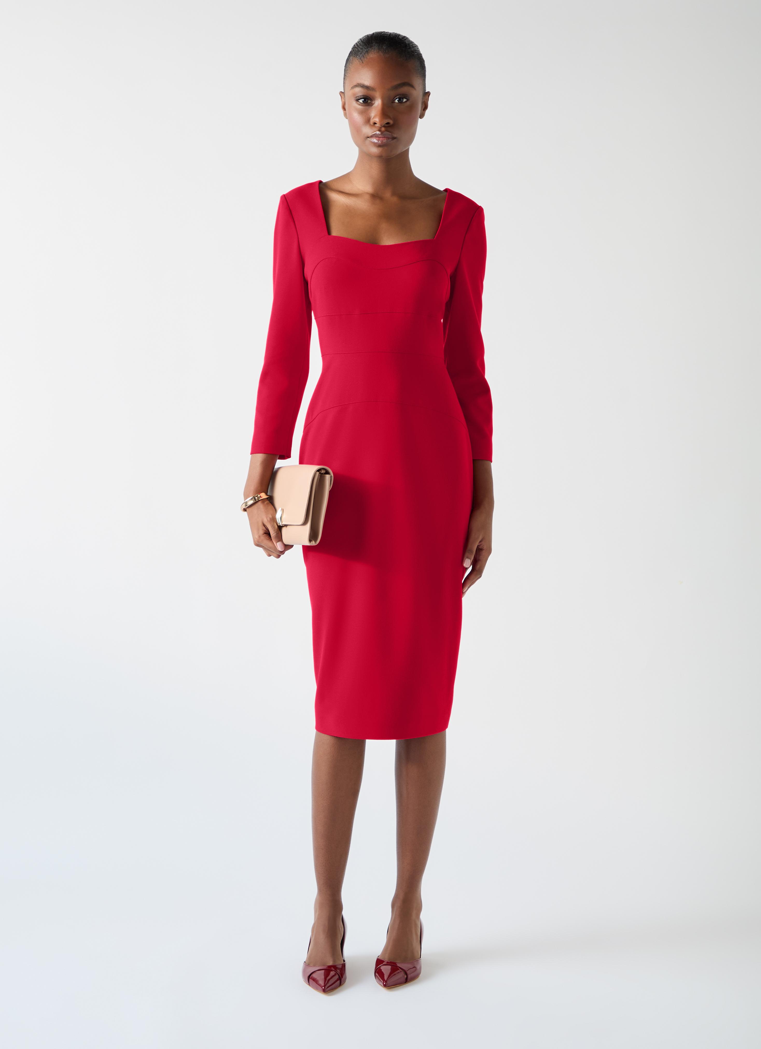Altyn Red Crepe Shaped Seam Fitted Crepe Dress
