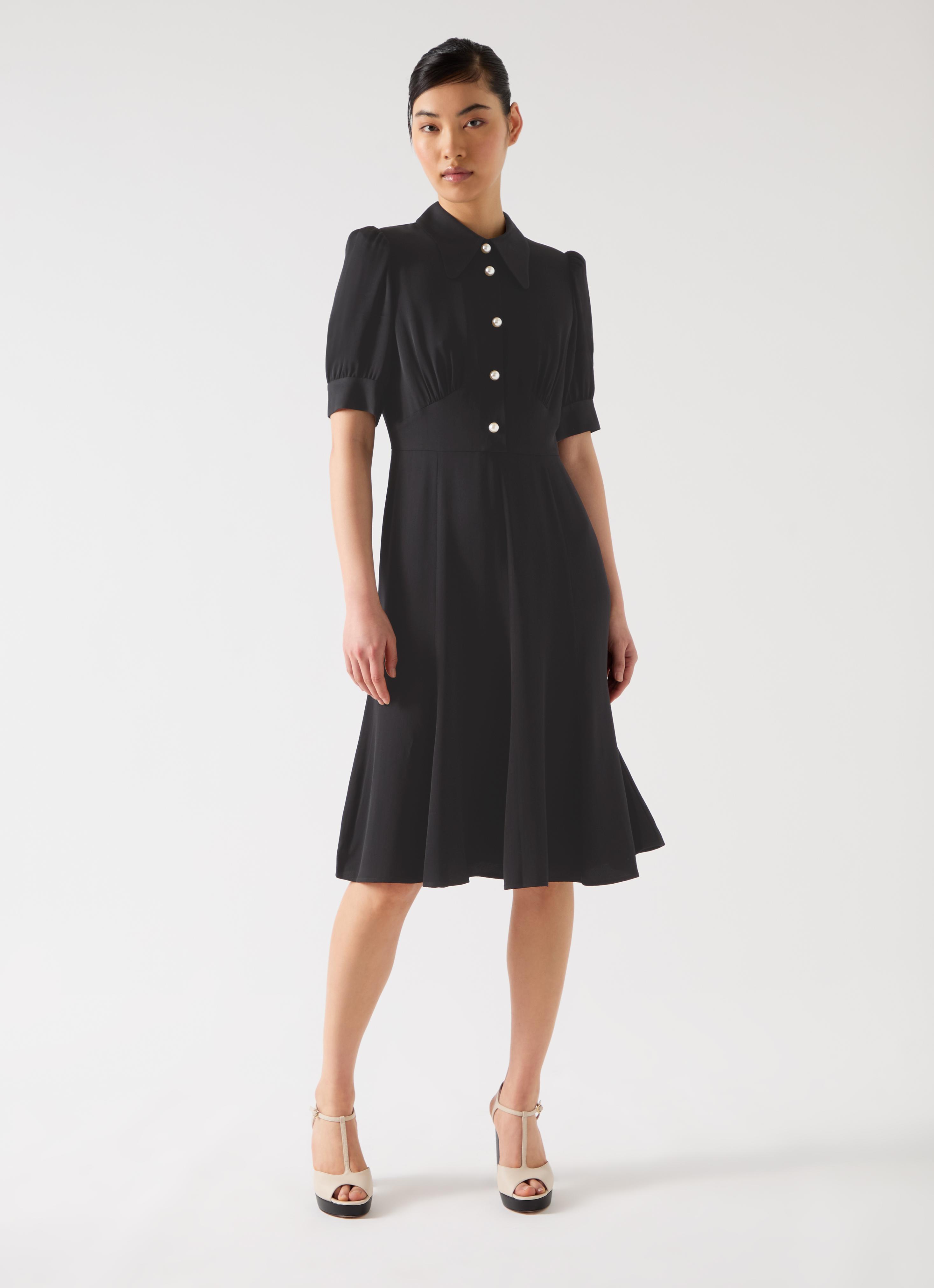 Esme Black Viscose Satin Crepe Shortsleeve Dress With Pearl Buttons