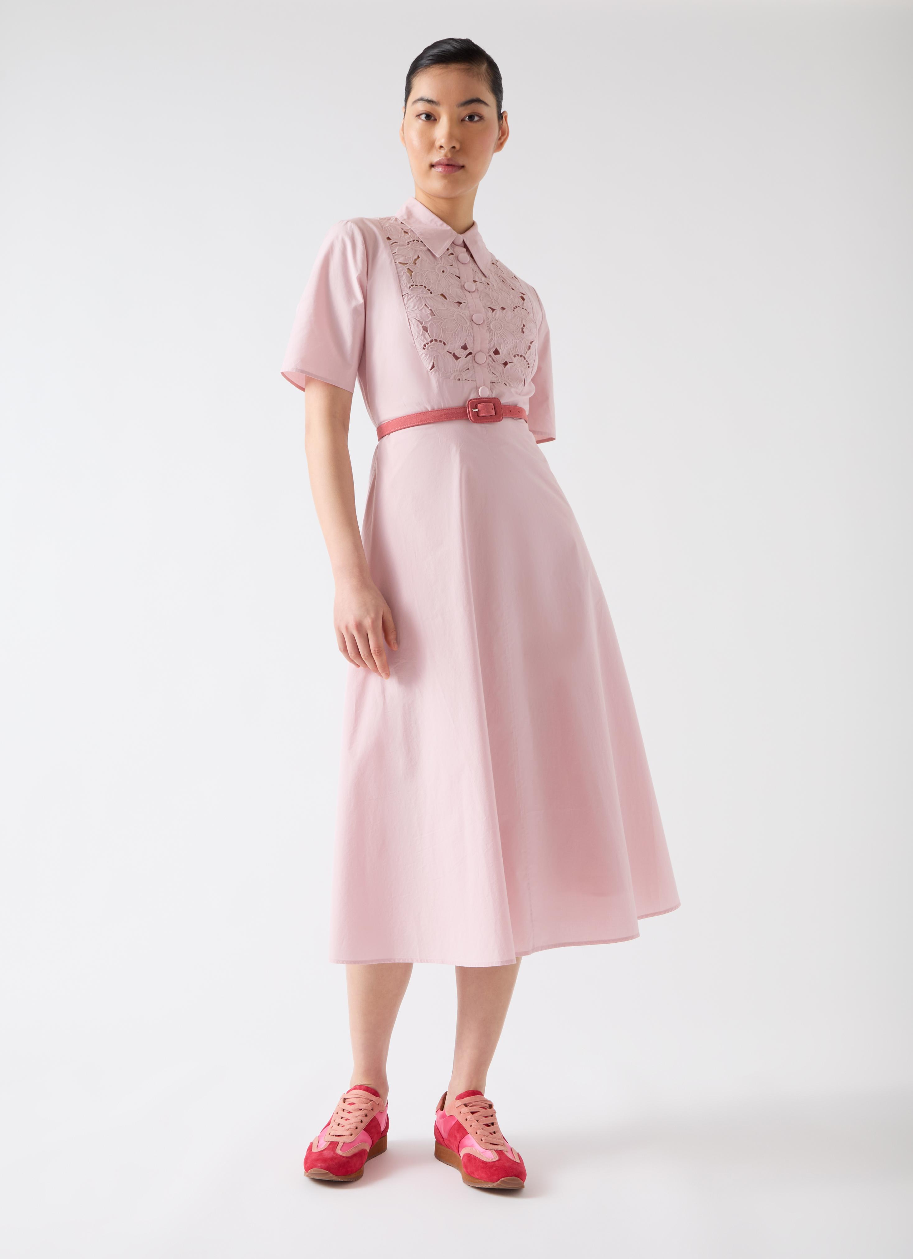 Grace Soft Pink Cotton Embroidered Lace Panel Bib Dress