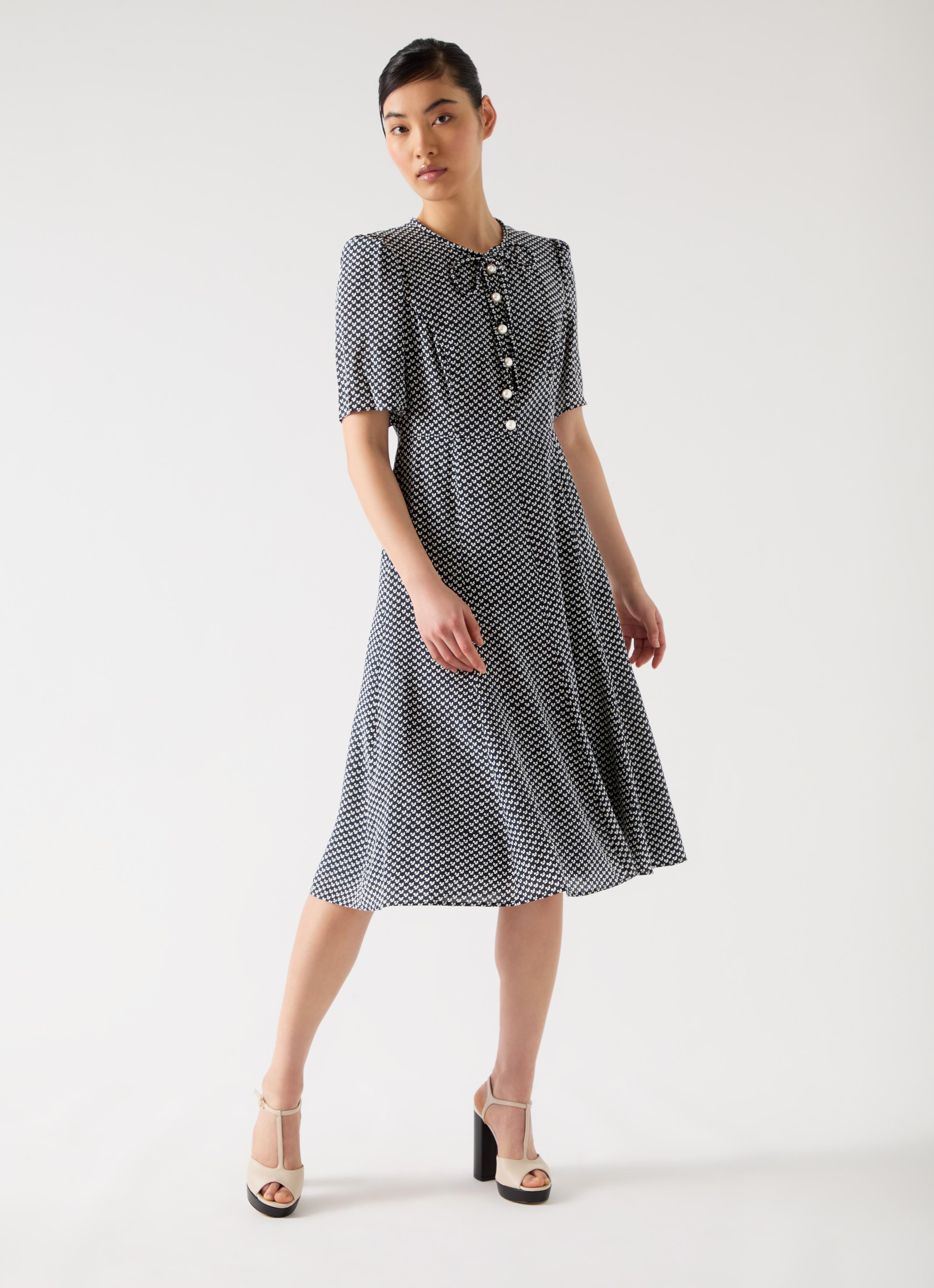 Montana Spring Navy & Ivory Silk Fit And Flare Bow Detail Silk Dress