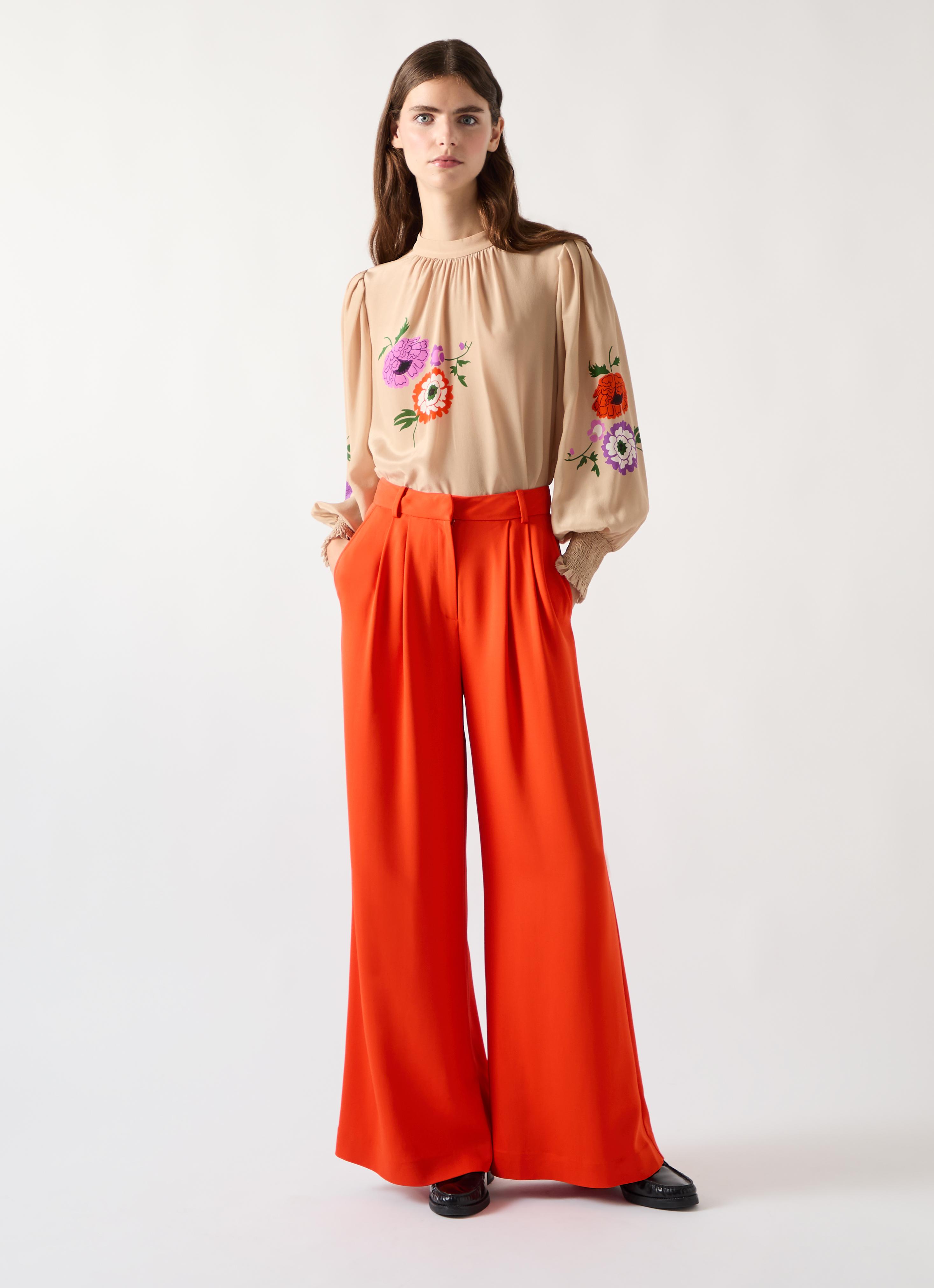 Sykes Orange Viscose Blend Wide Leg Crepe Trouser