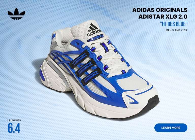 Adidas Originals Adistar XLG 2.0 Hi-Res Blue sneakers in white, blue, and black with launch date June 4, available in men’s and kids’ sizes.