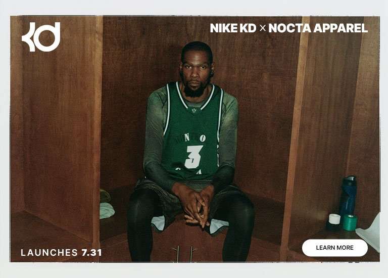 Nike KD x NOCTA apparel launch graphic featuring an athlete seated in a wooden locker room, launching July 31.