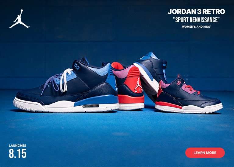 Jordan 3 Retro Sport Renaissance women's and kids' sneakers in navy, blue, and red colorway.