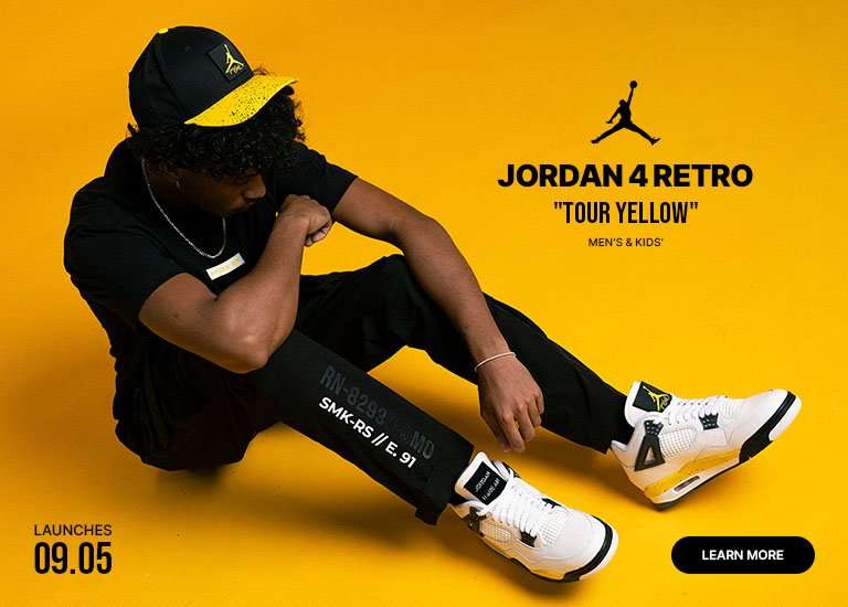 Lifestyle and product images of the Air Jordan 4 Retro Tour Yellow sneakers featuring close-up shoe details and styling, with launch date September 5.​‌
