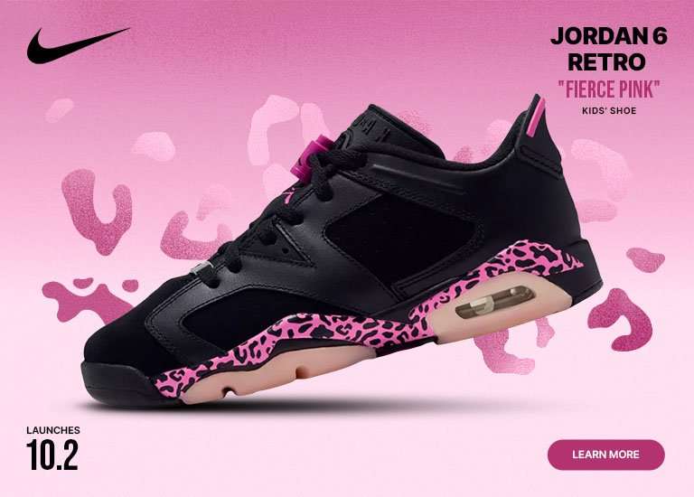 Kids' Nike Air Jordan 6 Retro Fierce Pink sneaker in black with pink leopard-print accents on a pink background.