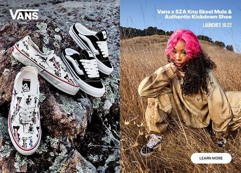 Vans x SZA campaign featuring a model with bright pink hair in a grassy field, alongside Vans Knu Skool Mule and Authentic Kickdown shoes displayed on rocks and worn with casual apparel.