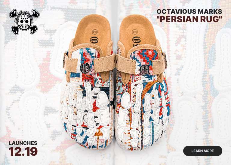 Top-down view of Octavious Marks Persian Rug clogs with colorful woven pattern and tan straps, launch date is 12.19. A Learn More button is shown.