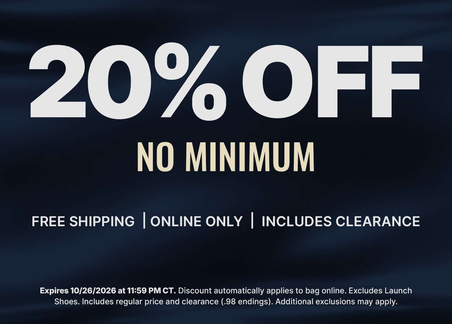 20% off online purchase with free shipping, no minimum purchase required, includes select clearance items.