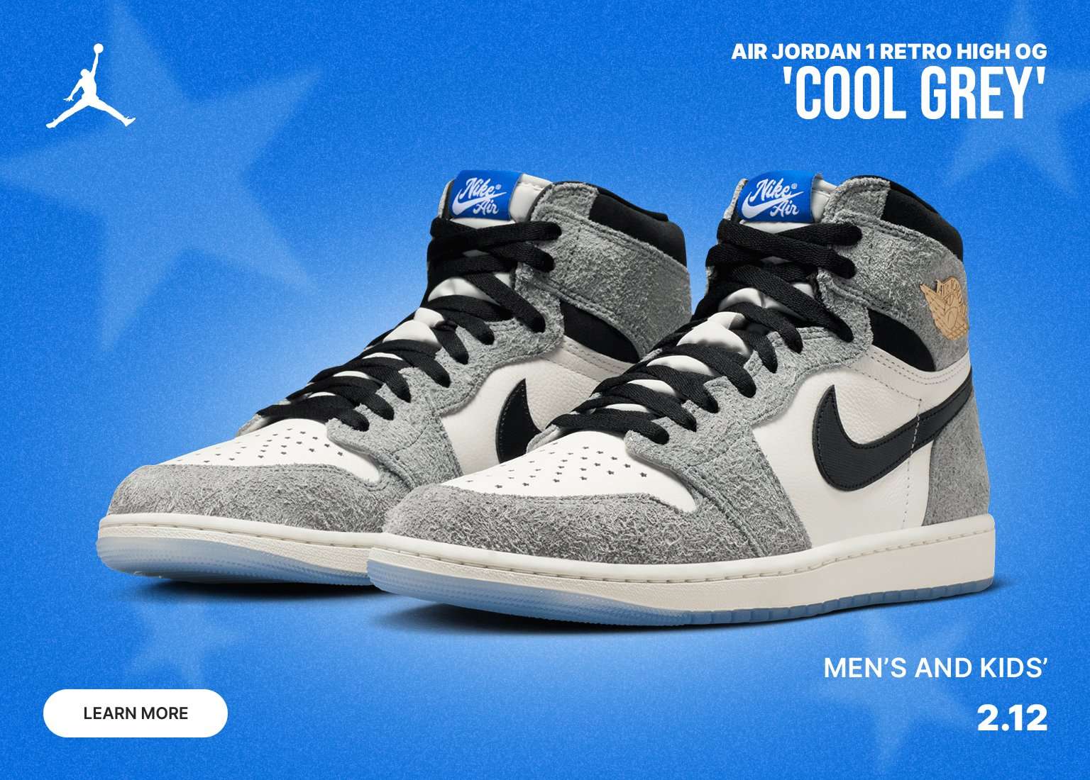 An advertisement for the Air Jordan 1 Retro High OG 'Cool Grey' sneakers. The shoes feature white leather panels, black Nike swooshes, and textured grey suede overlays. They are set against a vibrant blue background with faint star patterns and include the release date 2.12.