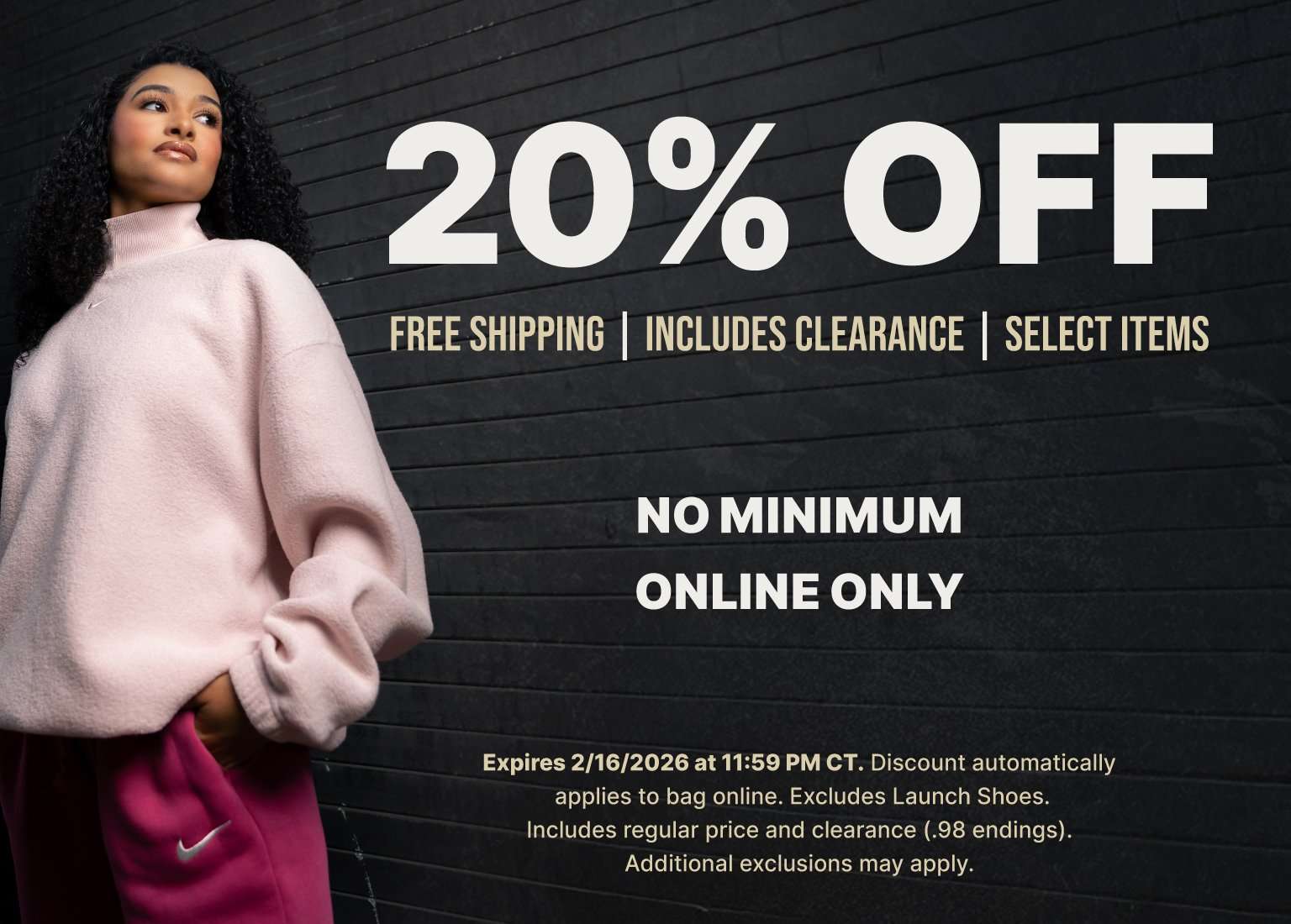 Promotional banner featuring a woman in a pink sweatshirt with text reading 20% Off, free shipping, includes clearance, select items, no minimum, online only, with sale expiration details.