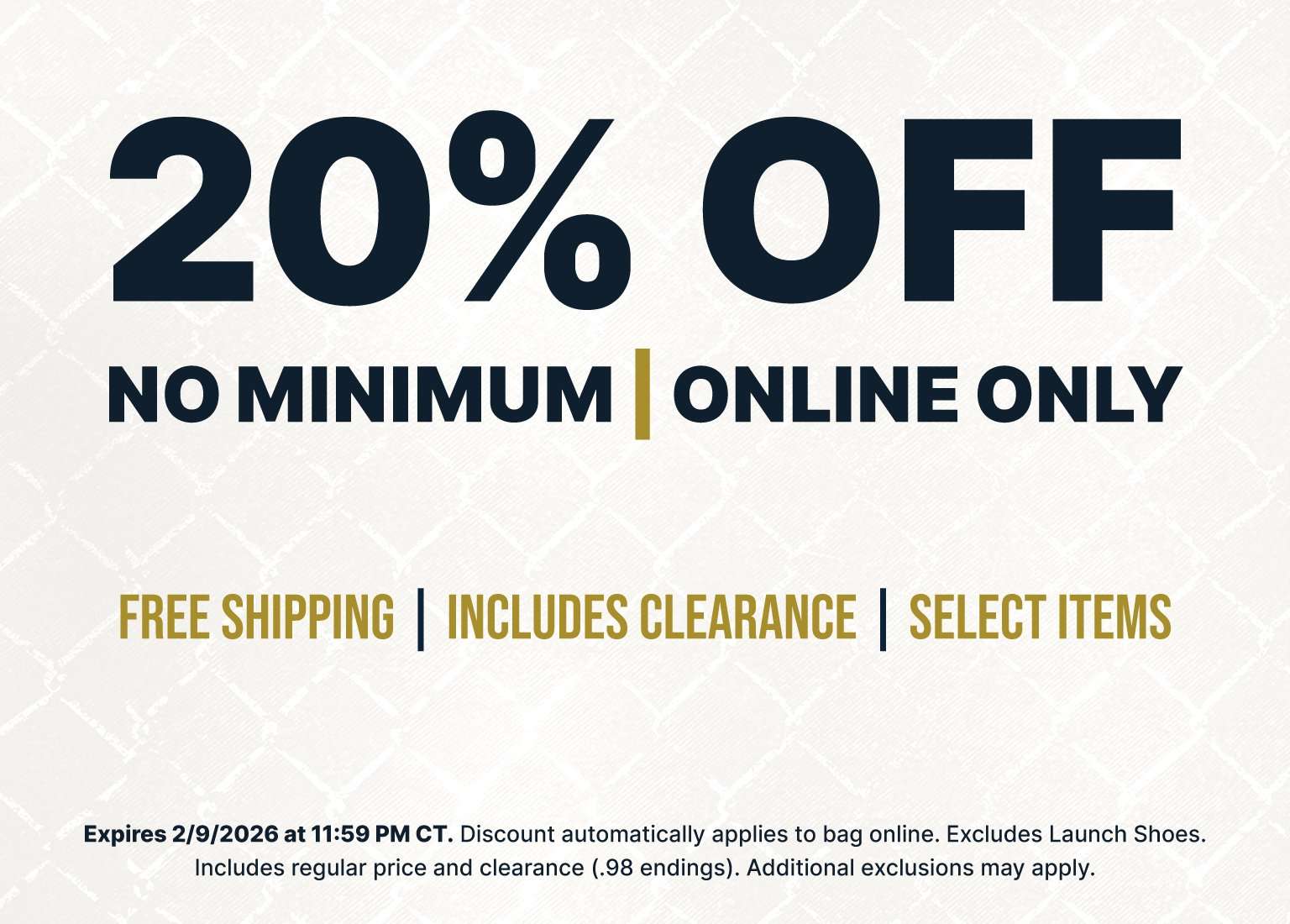 Promotional banner reading 20% Off – No Minimum – Online Only,= with free shipping, includes clearance and select items, plus expiration details.