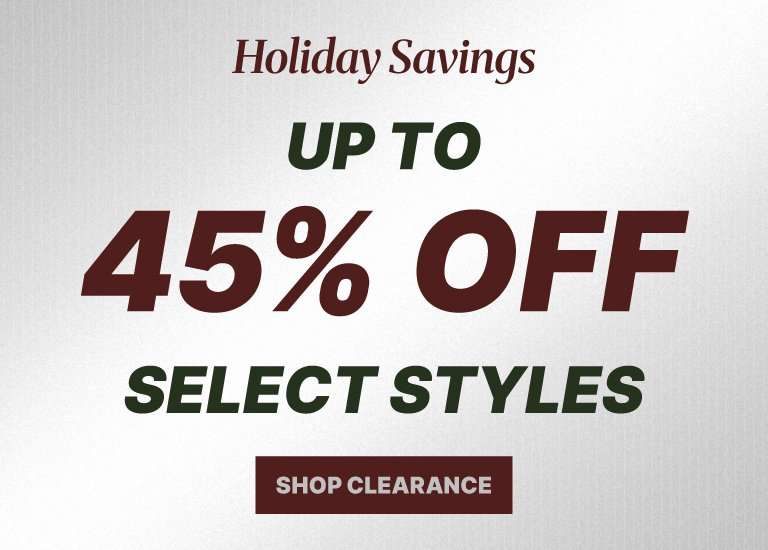 Holiday savings graphic advertising up to 45% off select styles with a Shop Clearance button.