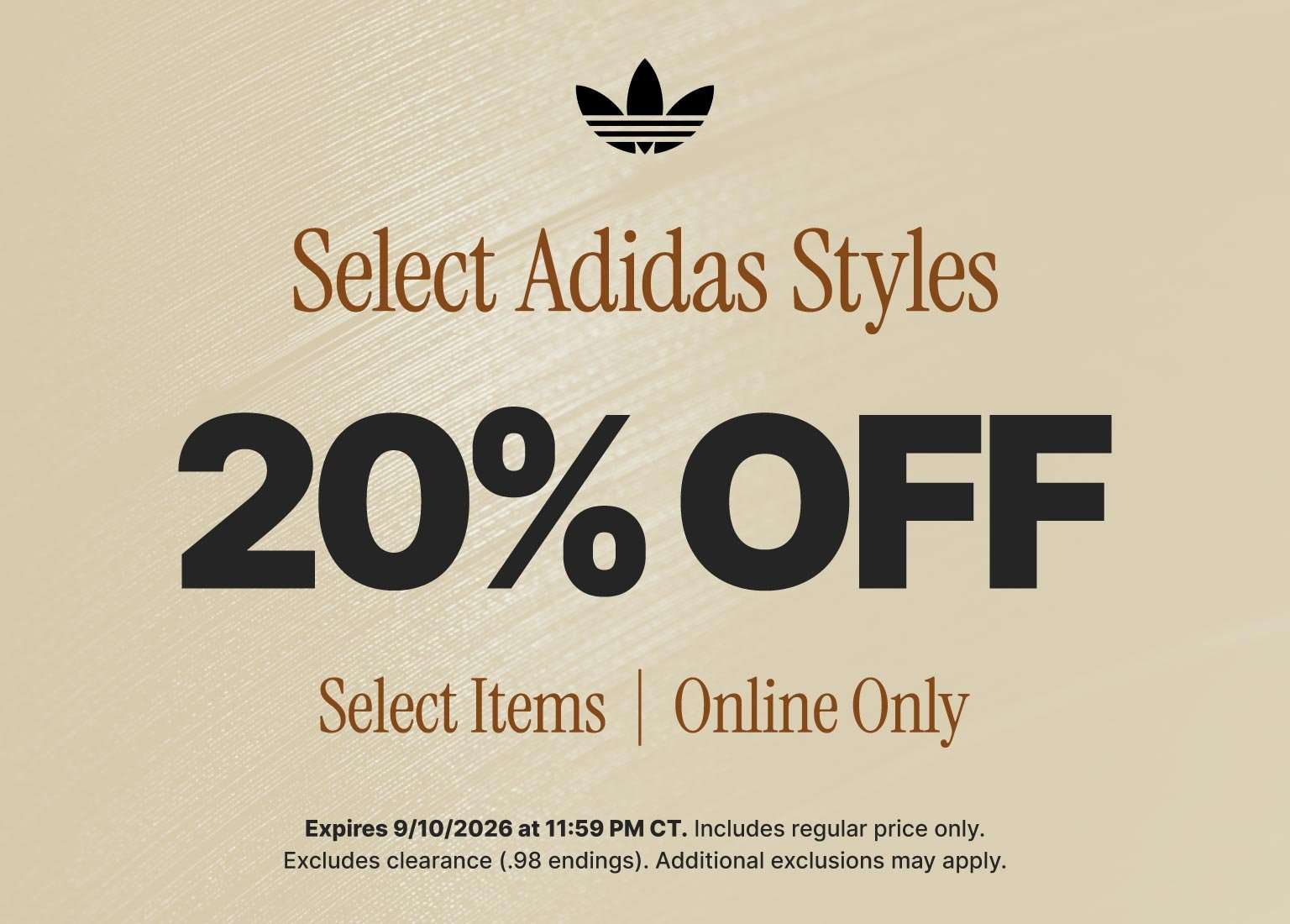Promotional graphic advertising 20% off select adidas styles online only through September 10, 2026.