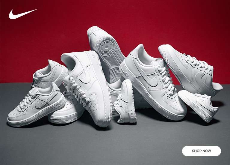 Stacked white Nike Air Force 1 sneakers against a red background with Nike logo and Shop Now button.