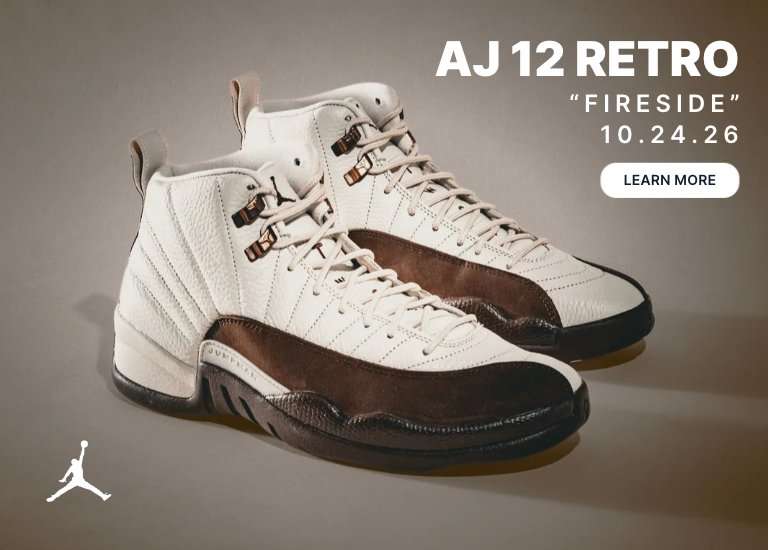 AJ 12 Retro Fireside sneakers in white and brown colorway with launch date and Learn More button.