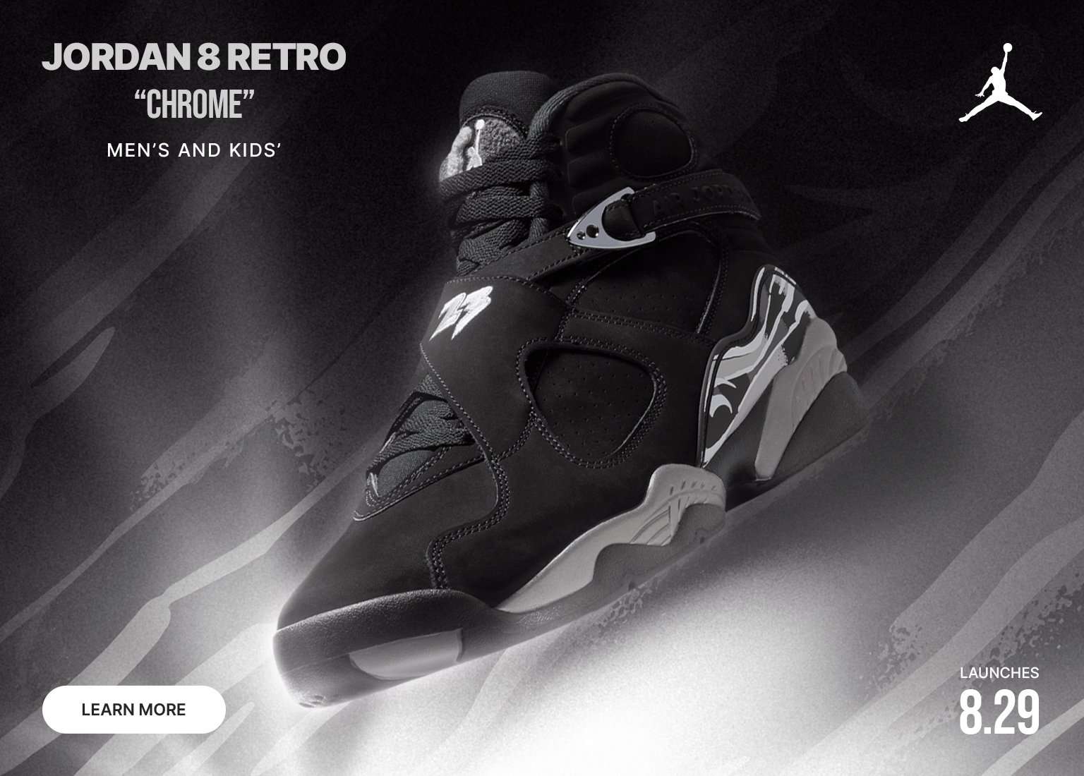 Jordan 8 Retro Chrome sneaker in black and silver displayed against a dark graphic background with launch date and Jordan branding.