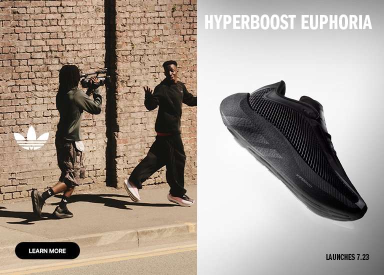 Adidas Hyperboost Euphoria campaign featuring lifestyle photography, a close-up of a black Hyperboost sneaker, and adidas apparel, highlighting the upcoming footwear launch.
