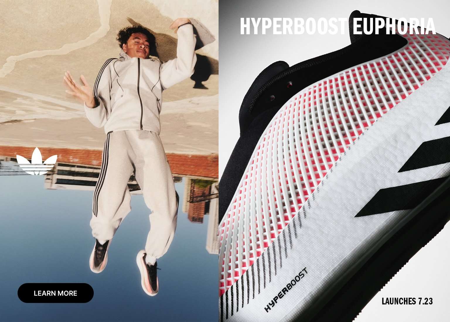 Adidas Hyperboost Euphoria campaign featuring close-up shoe details, a person in an adidas tracksuit, and a cyclist wearing Hyperboost sneakers, highlighting the upcoming footwear launch.