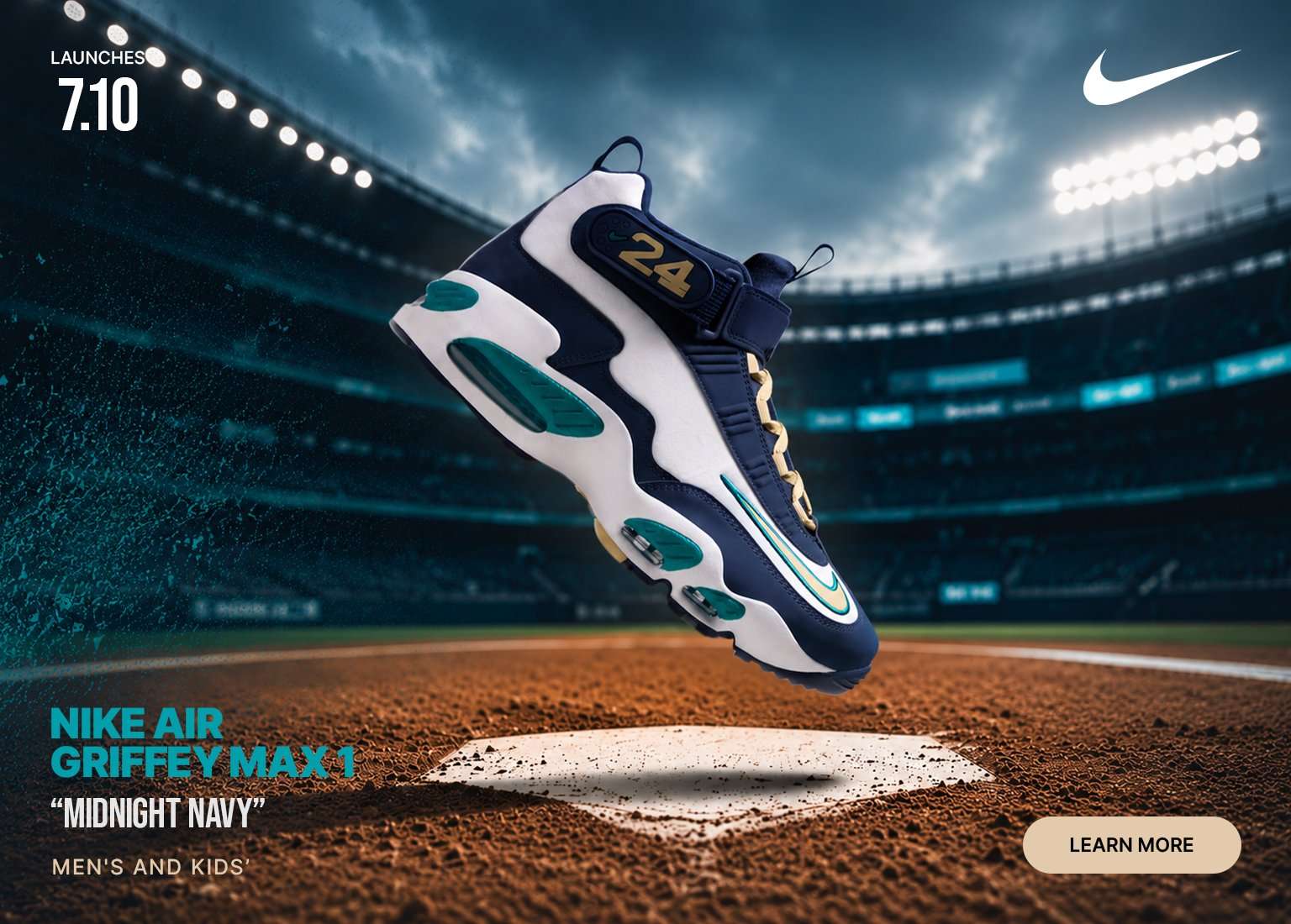 Nike Air Griffey Max 1 sneaker in midnight navy and white, displayed above a baseball field with stadium lights in the background.
