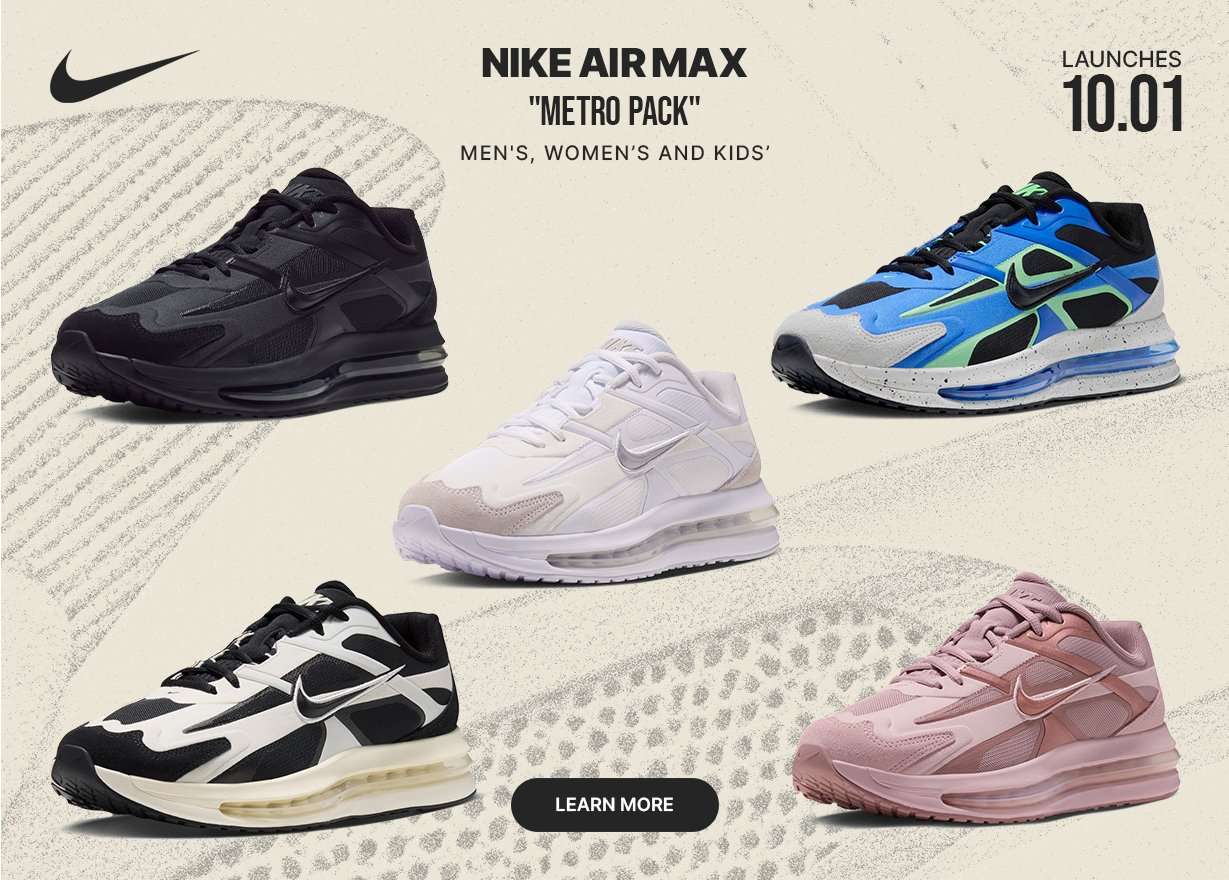 Nike Air Max Metro Pack sneakers in five colorways for men, women and kids, launching October 1.