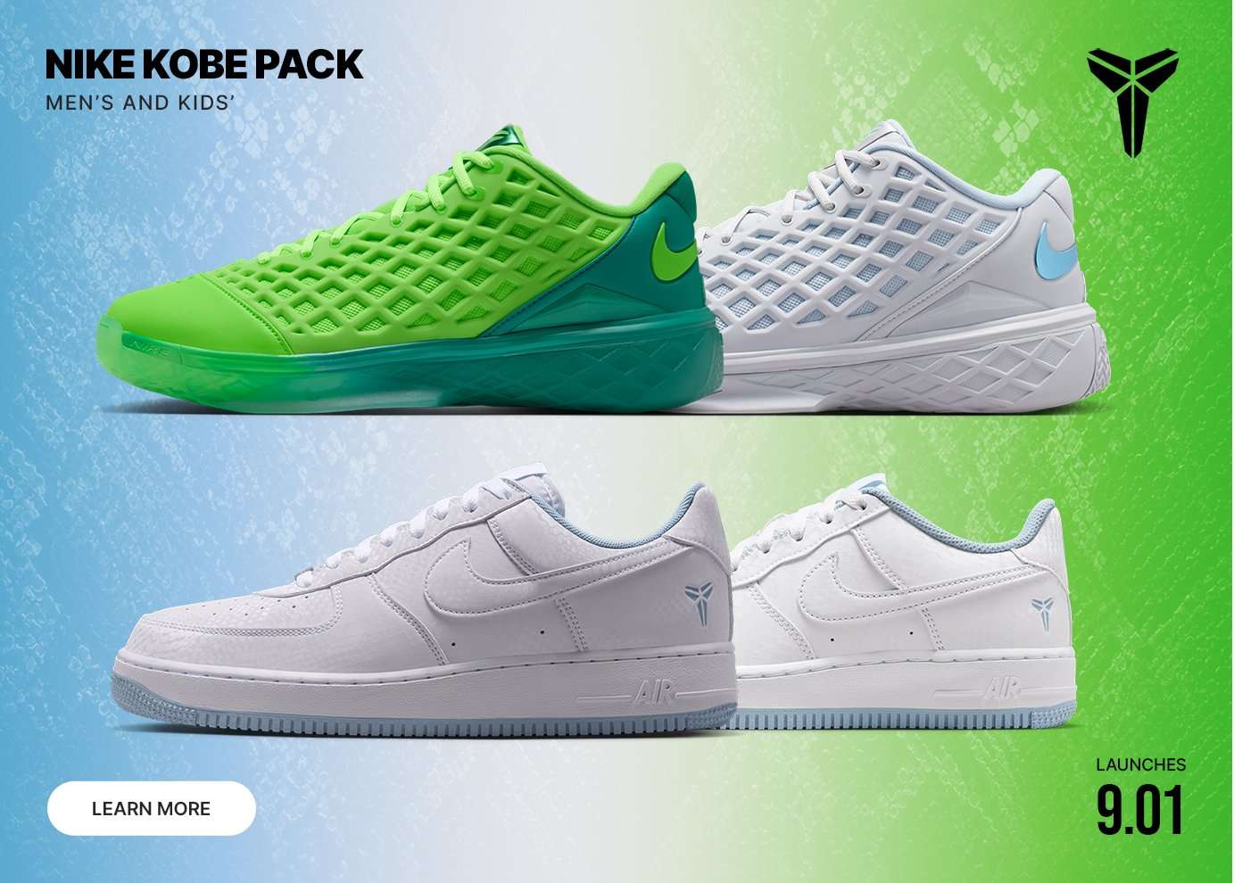 Nike Kobe Pack featuring Kobe III Low Protro and Kobe Air Force 1 Low sneakers in men’s and kids’ styles, launching September 1.