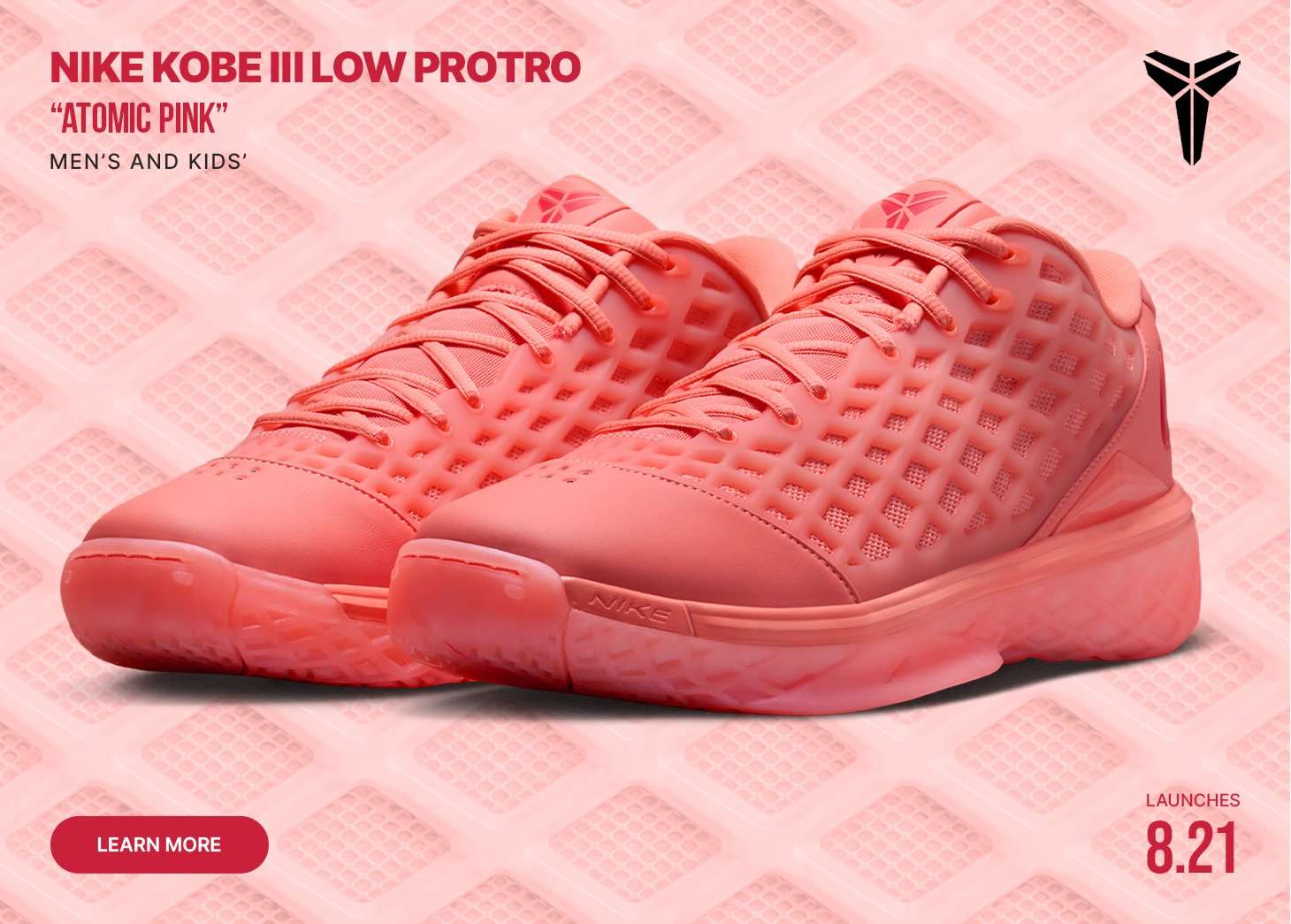 Nike Kobe III Low Protro Atomic Pink basketball shoes in monochromatic pink colorway with textured upper and translucent sole.
