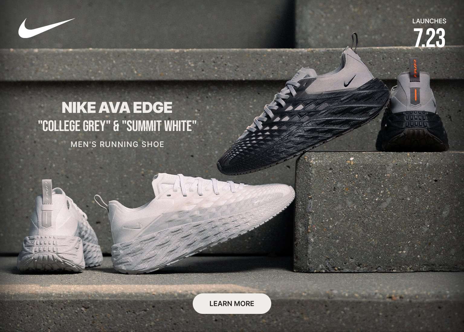 Nike Ava Edge men's running shoes in College Grey and Summit White colorways displayed on concrete steps with launch date promotion.