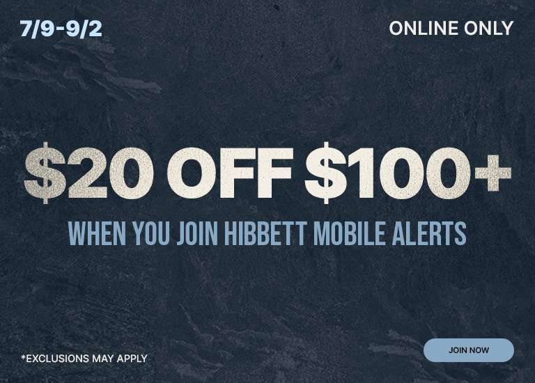 Online-only offer valid 7/9–9/2. Join Hibbett Mobile Alerts and receive $20 off a purchase of $100 or more. Exclusions may apply. Tap Join Now to sign up and start saving.