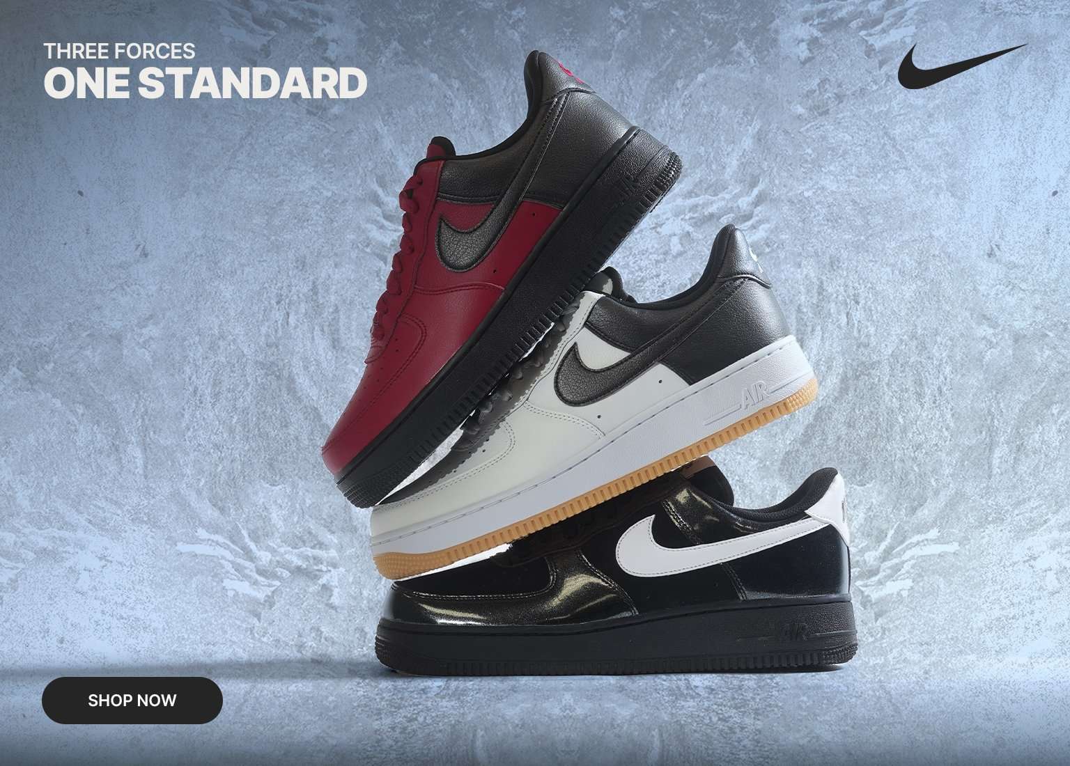 Promotional graphic for Nike Air Force 1 sneakers, featuring three different colorways stacked diagonally against a textured light blue background.