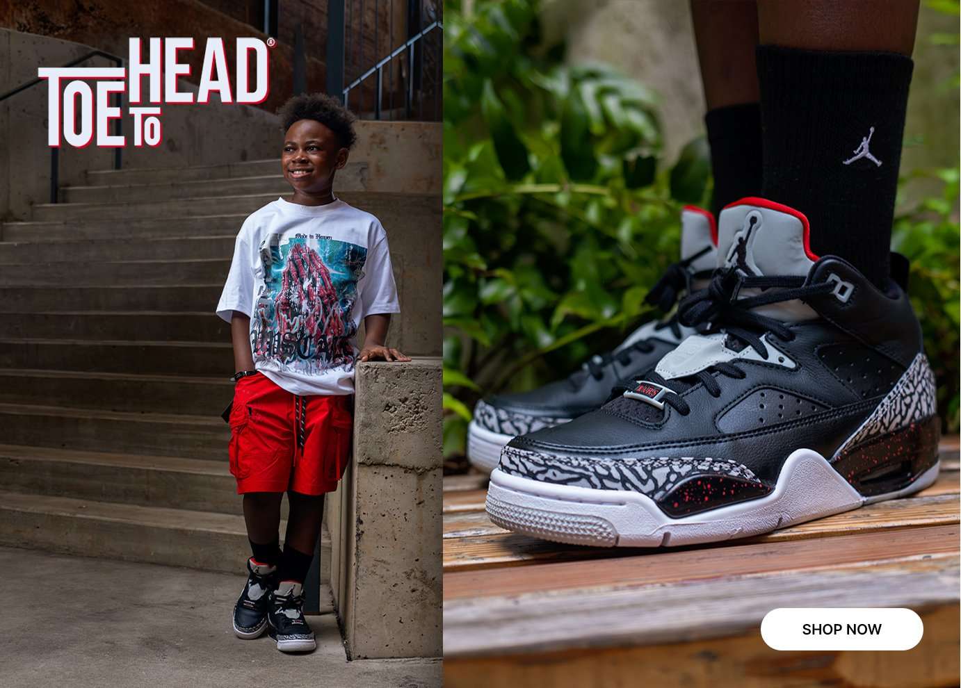 Kid modeling a graphic oversized tee, red shorts, and Jordan sneakers, with a close-up product shot of the shoes.