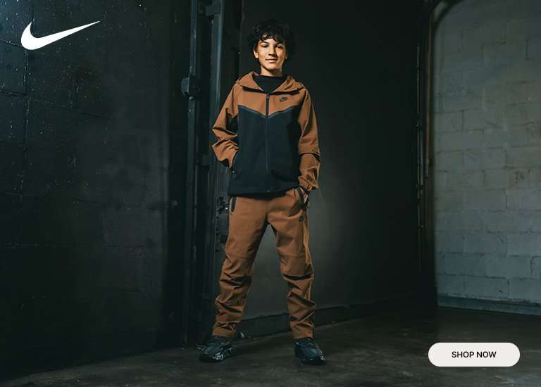 Boy wearing Nike Tech Woven outfit with Nike Ava Rover sneakers, shown beside a close-up of the Ava Rover shoe.