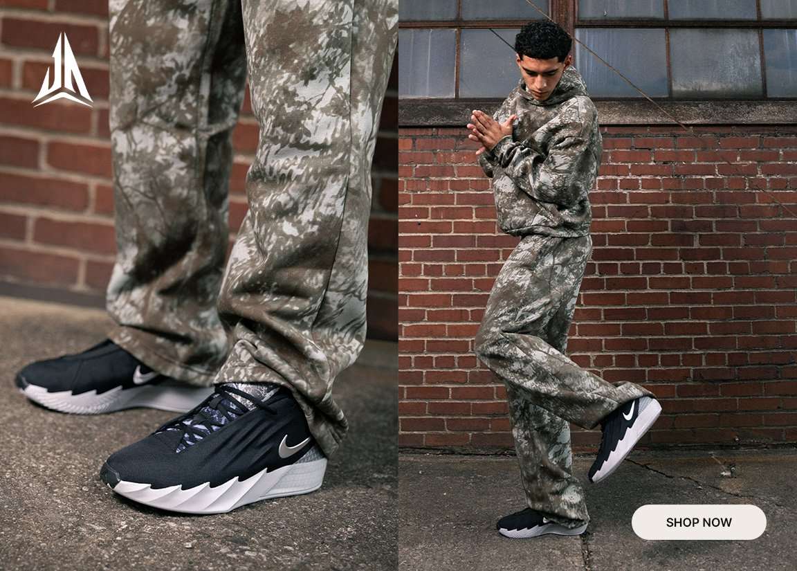Nike Ja basketball shoes styled with a camo hoodie and matching pants.
