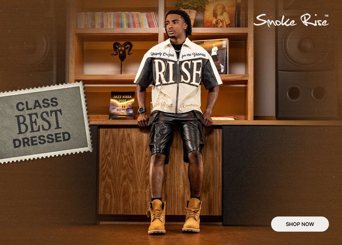 Smoke Rise apparel collection featuring a varsity-style shirt, leather shorts and work boots in a vintage record room setting.