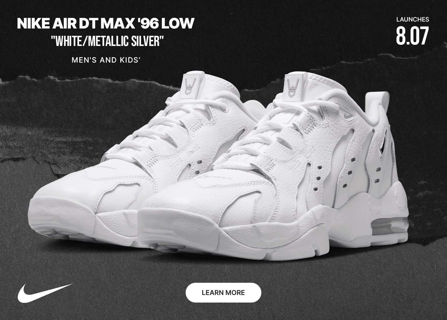 Nike Air DT Max ’96 Low in White/Metallic Silver displayed side by side on a dark textured background.