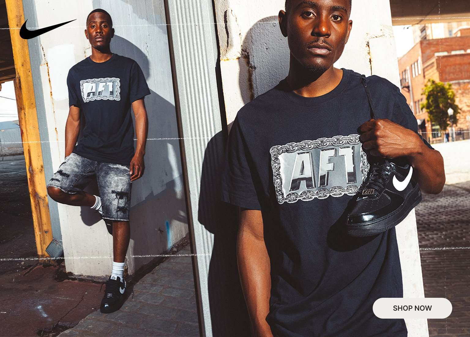 A wide promotional banner featuring two images of a male model in an urban setting. He wears a black Nike 'AF1' graphic t-shirt and distressed denim shorts. In the right image, he holds a black Nike Air Force 1 sneaker. A white Nike swoosh is in the top left corner, and a 'SHOP NOW' button is in the bottom right.
