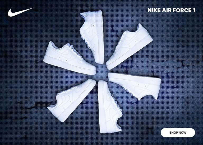 Promotional banner for Nike Air Force 1 sneakers featuring multiple pairs of all-white shoes arranged in a circular pattern on a dark, textured blue background. Includes the Nike swoosh logo, text reading NIKE AIR FORCE 1, and a Shop Now button.