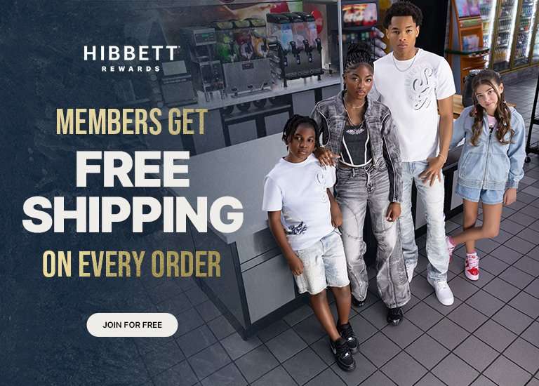 Promotional banner for Hibbett Rewards featuring four models in streetwear standing in a convenience store setting. Large text reads MEMBERS GET FREE SHIPPING ON EVERY ORDER next to a JOIN FOR FREE button and the Hibbett Rewards logo.