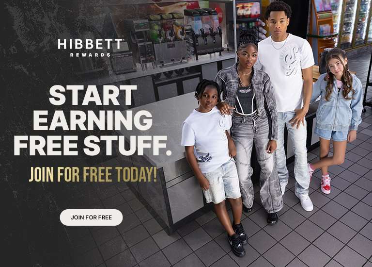 Four young people in stylish streetwear stand together in a convenience store setting near a counter and slushie machines. Large text on the left reads START EARNING FREE STUFF. JOIN FOR FREE TODAY! with the HIBBETT REWARDS logo above it and a JOIN FOR FREE button at the bottom.